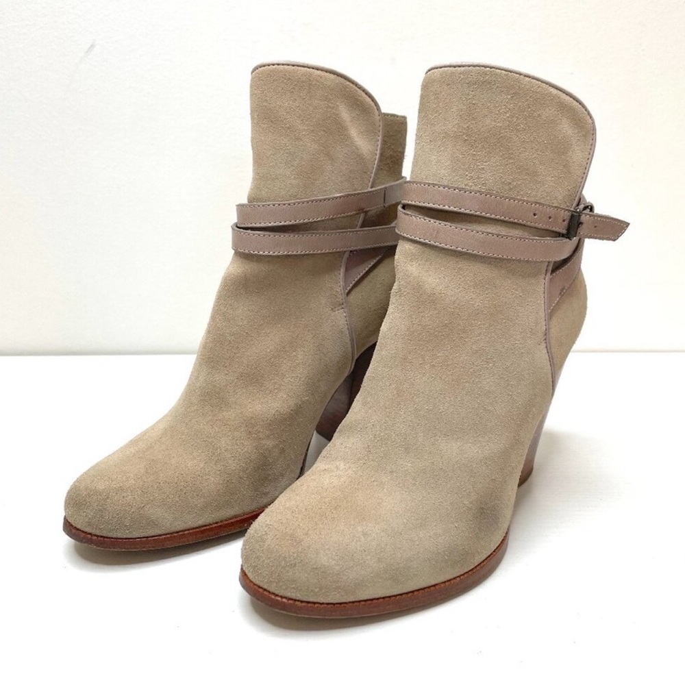 All Saints Victoria Ankle Boots Womens 5.5 Tan Suede Leather Buckle Heel Booties